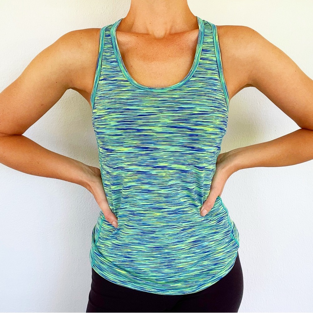 H&M Sport neon blue green stripe racerback workout tank size small